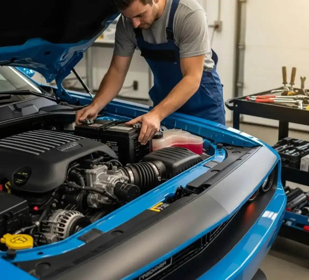Technician working on the battery of a blue Dodge