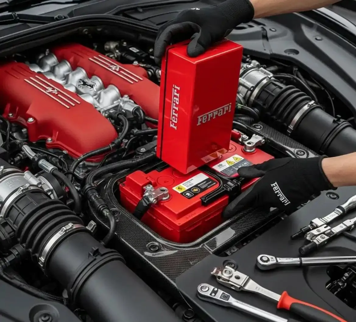 Gloved hands fitting a battery beside a red Ferrari engine