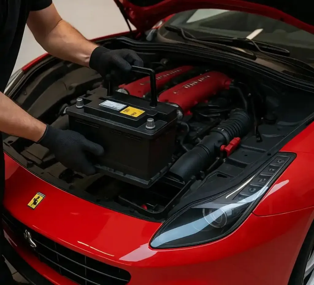 Gloved hands setting a battery into a red Ferrari