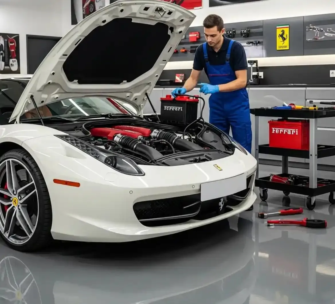 Technician at a white Ferrari with its bonnet open