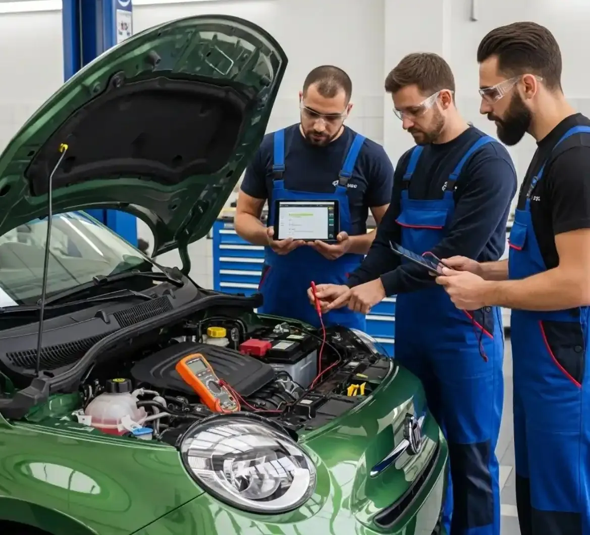 Finding the fault on a Fiat Three technicians checking a green Fiat with a diagnostic tablet