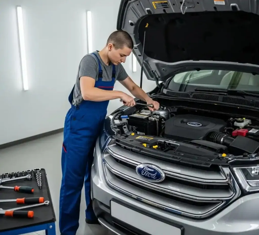 Care that Ford owners expect Technician fitting a battery to a silver Ford