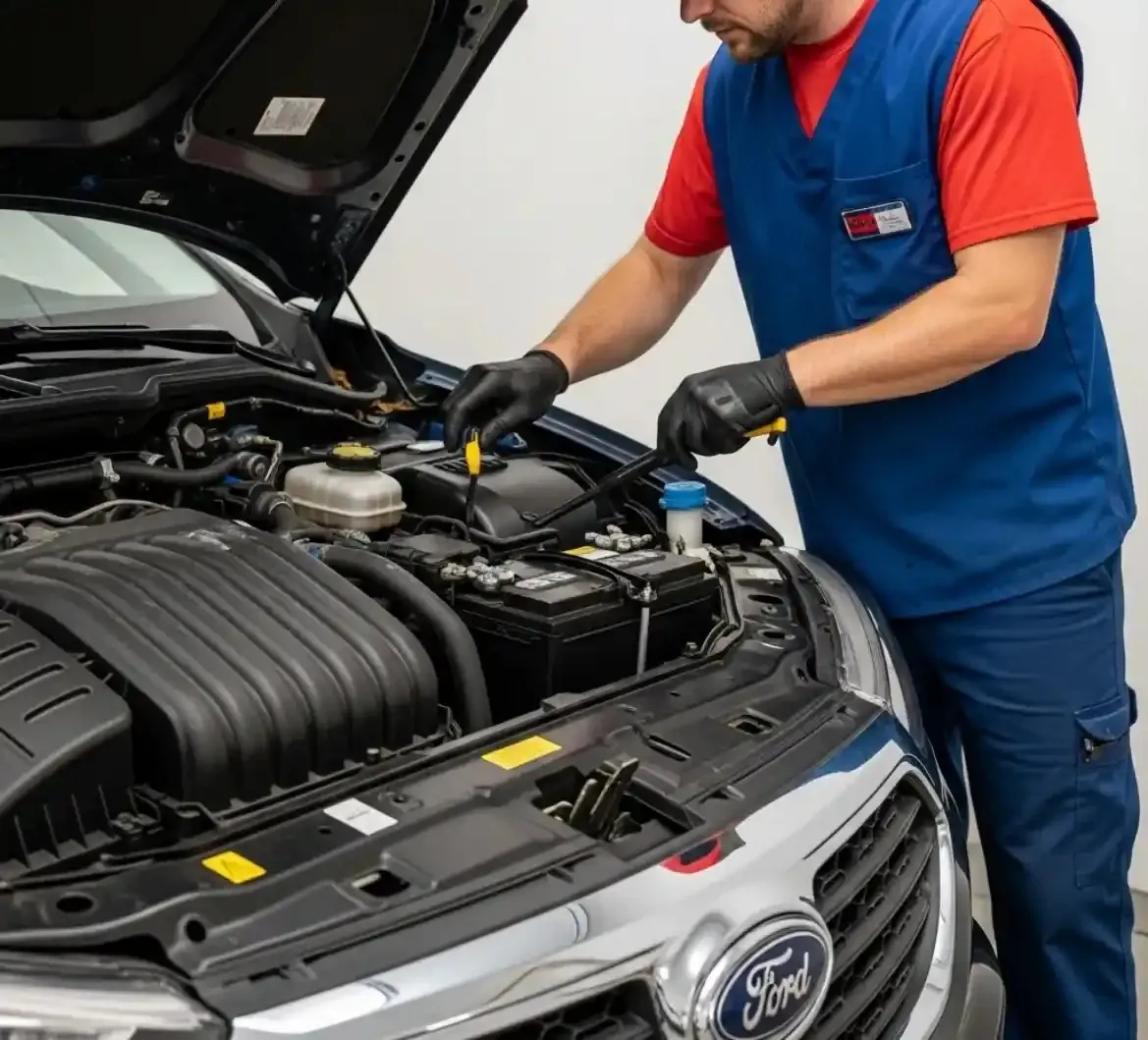 Getting to know the Ford Technician in gloves working on a Ford's battery