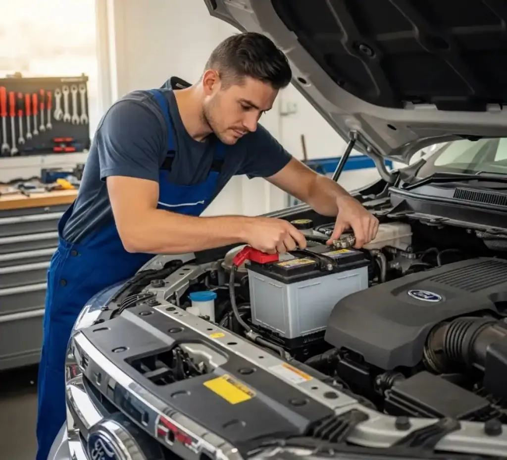 A Ford looked after where it is parked Technician lifting a battery out of a Ford