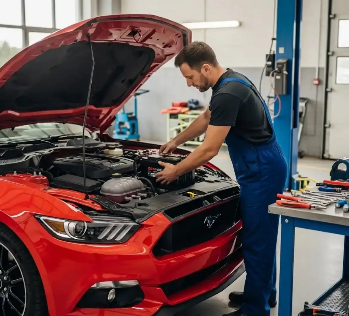 A Ford battery under test Technician working on a red Ford in a workshop
