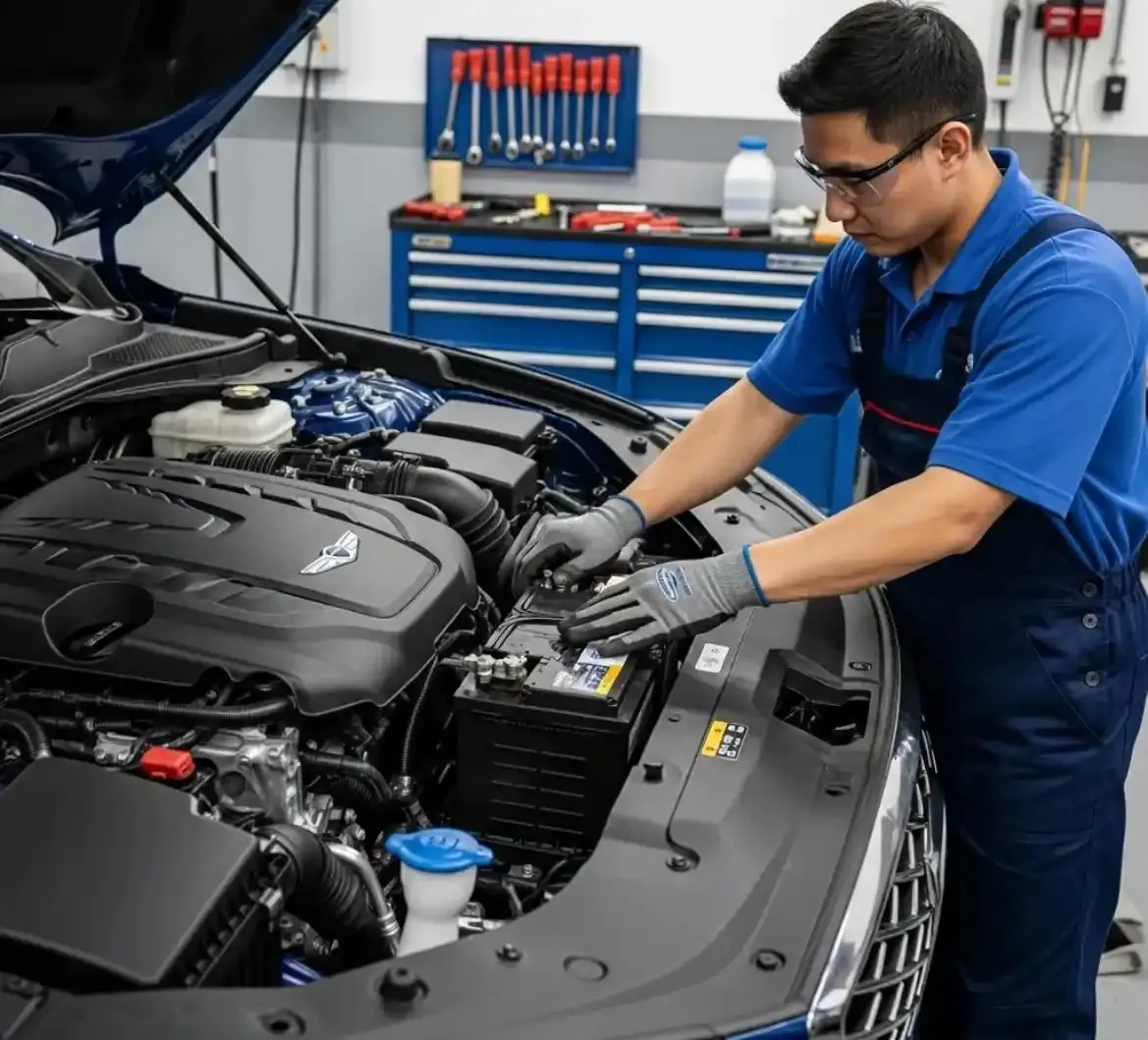 Checking a Genesis battery Technician in safety glasses working on a Genesis battery