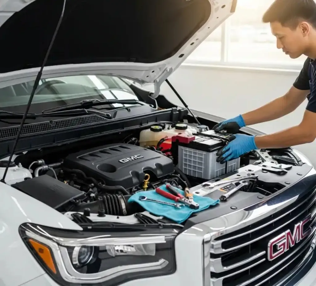 Battery service for the GMC Gloved technician setting a battery into a white GMC