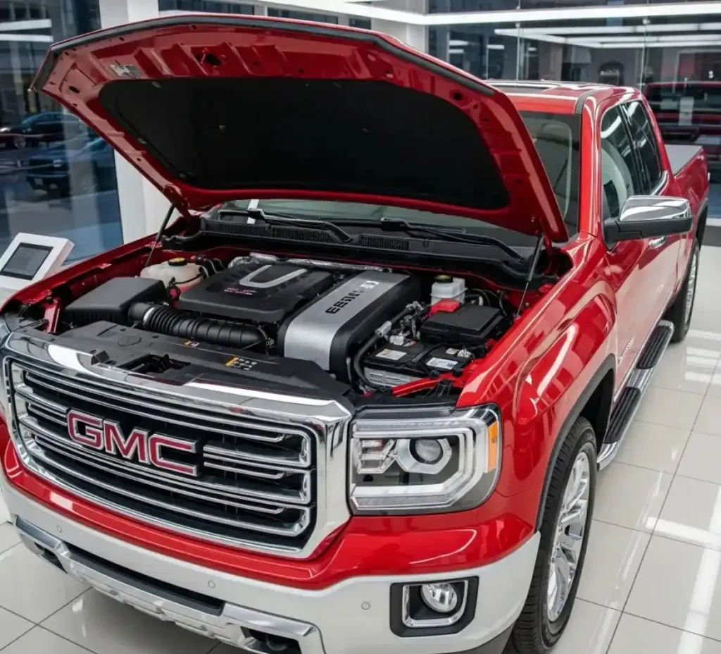 The GMC and its battery Red GMC pickup with its bonnet open