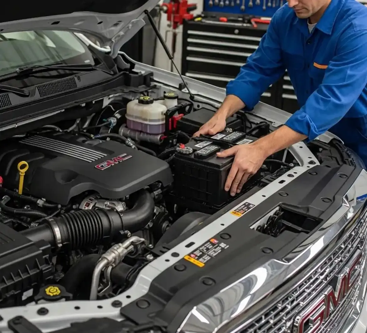 Why GMC drivers call us Technician working on a GMC battery