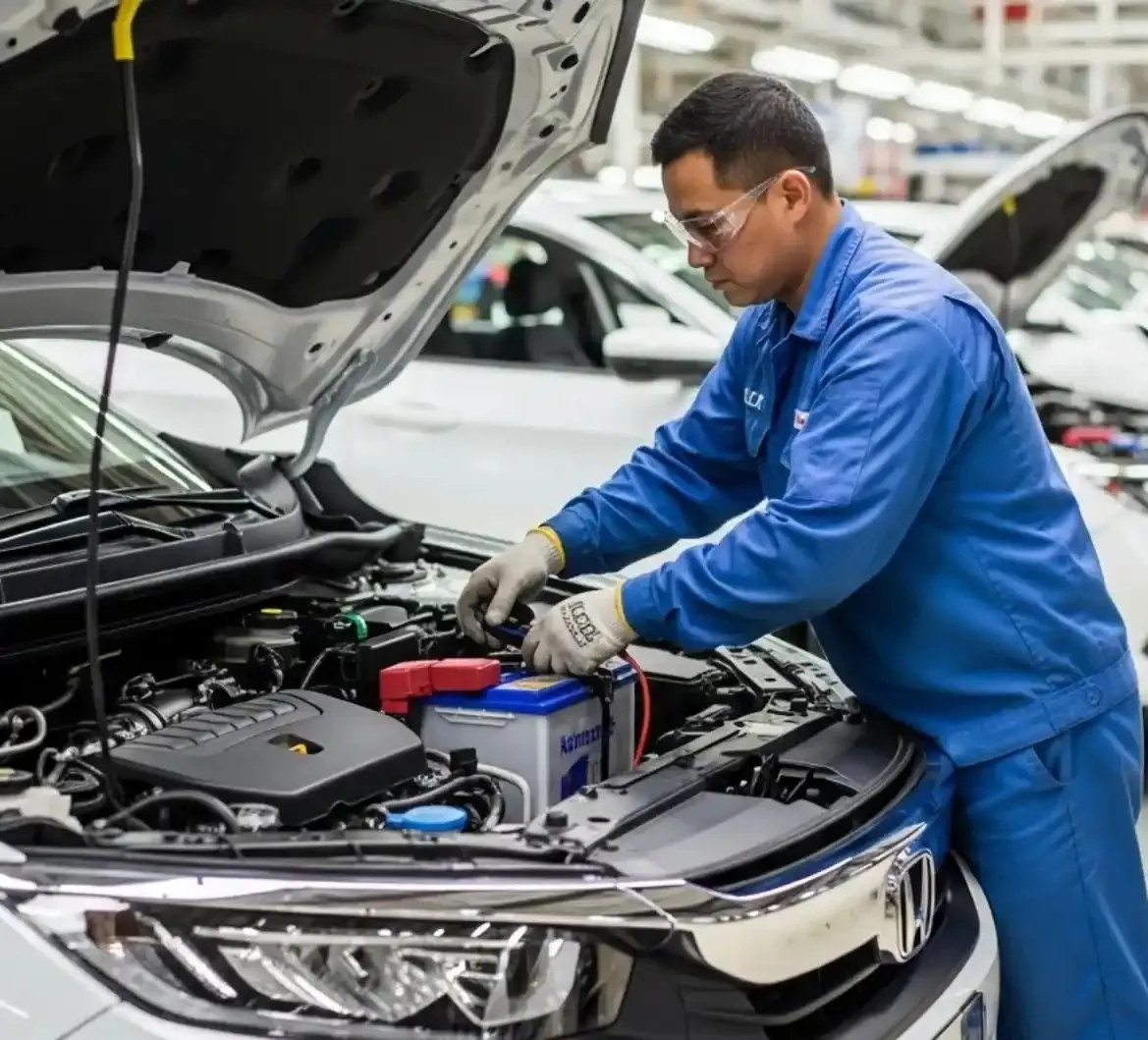 Technician in safety glasses fitting a battery to a Honda