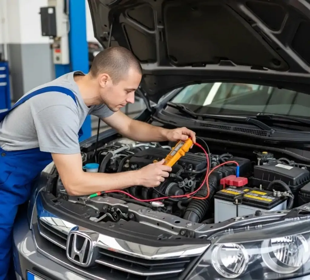 Technician testing a Honda battery with a multimeter