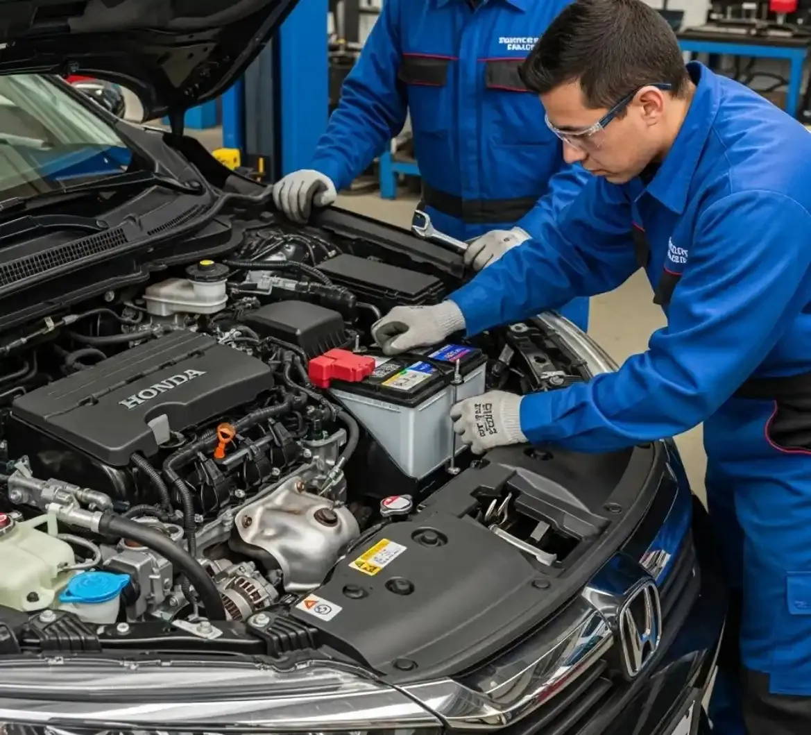 Two technicians replacing a Honda's battery