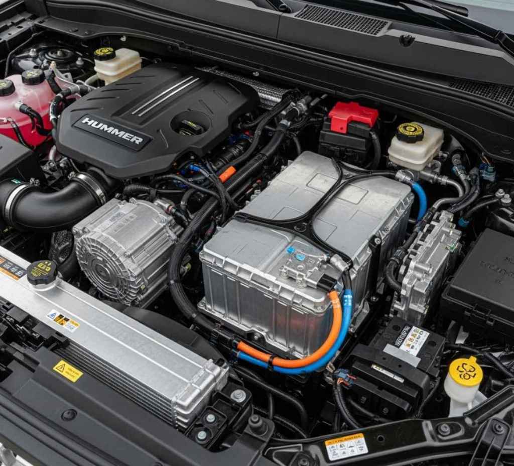 Hummer engine bay with the battery and fuse boxes