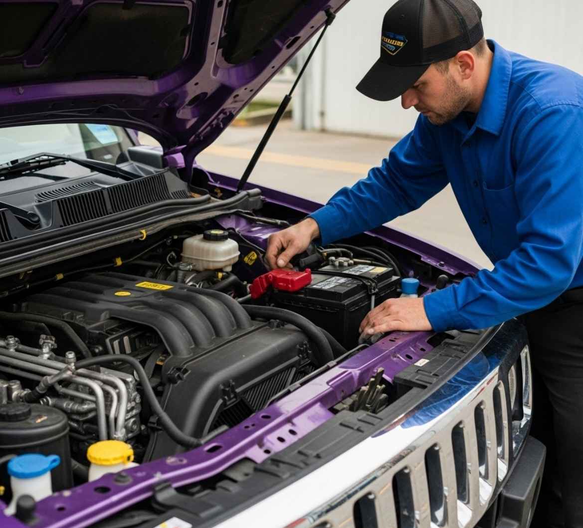 Technician working on a Hummer's battery