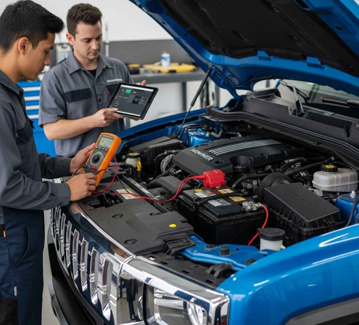 Two technicians testing a blue Hummer's battery