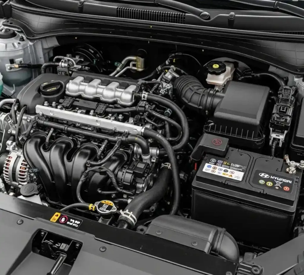 Hyundai engine bay with the battery in view