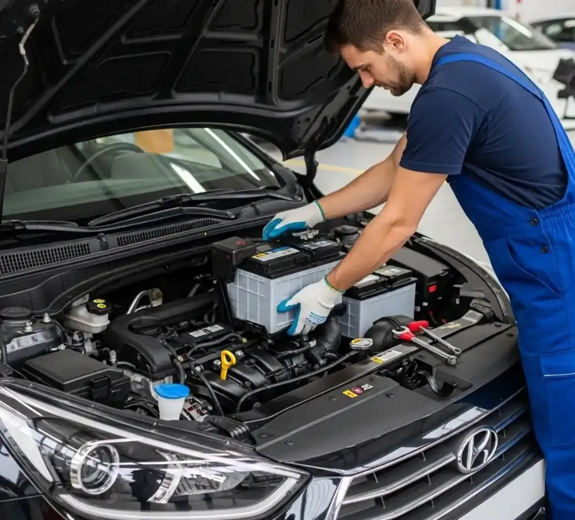 Technician fitting a battery to a Hyundai