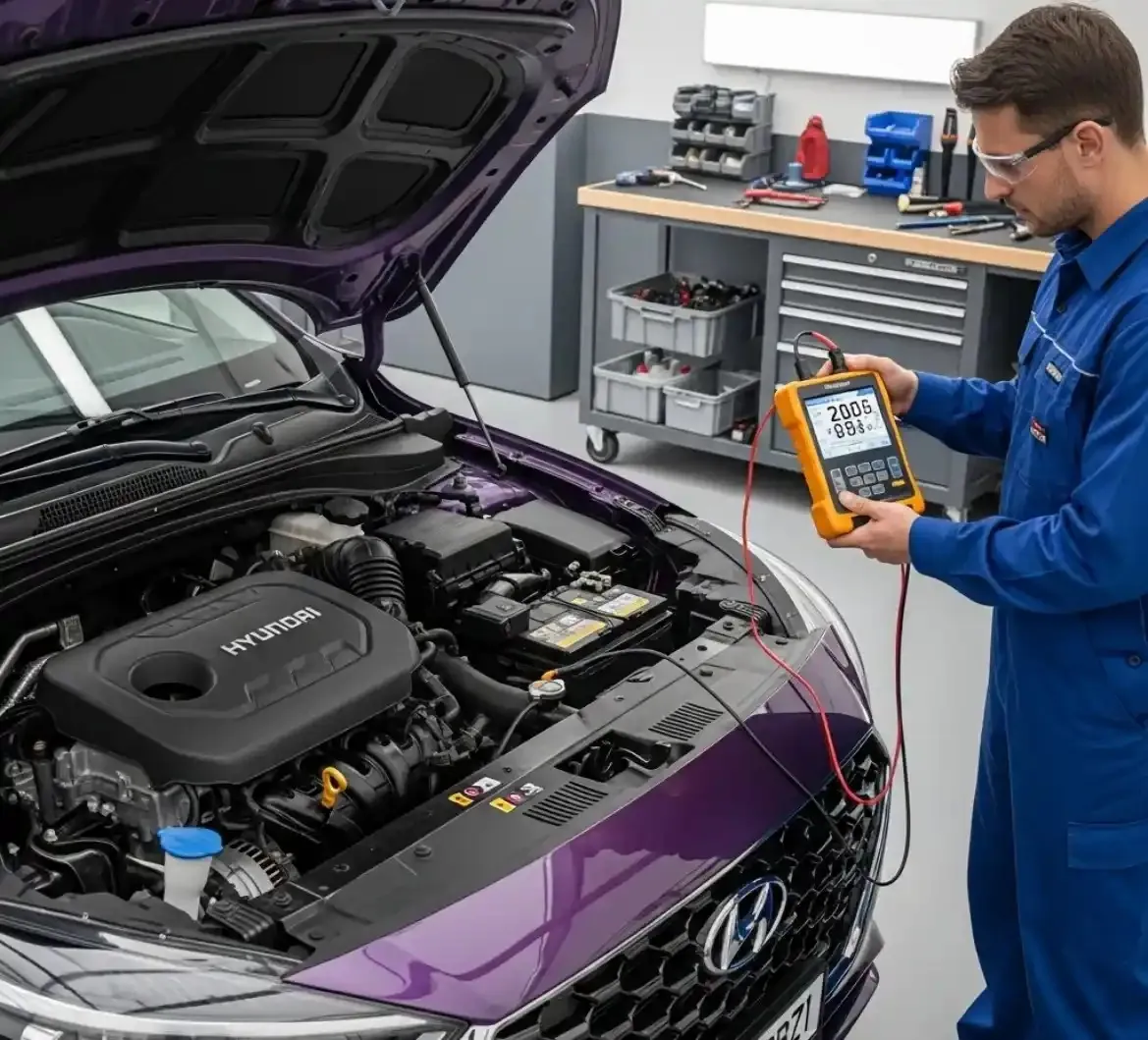 Technician testing a Hyundai battery with a multimeter