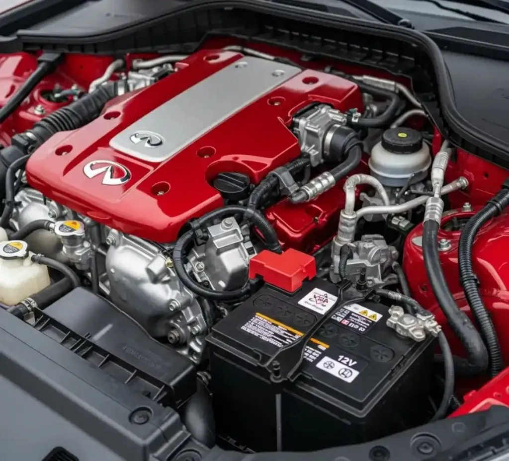 Why Infiniti drivers call us Infiniti engine bay with a red engine cover and its battery