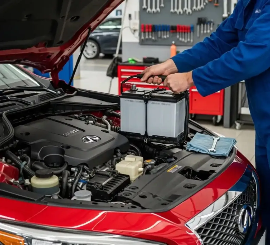 Battery service for the Infiniti Technician fitting a battery to a red Infiniti