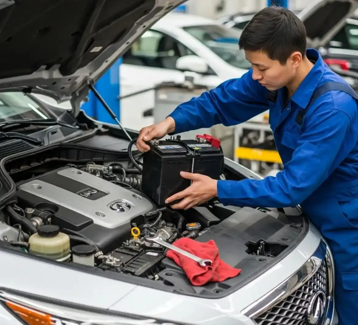 The Infiniti and its battery Technician fitting a battery to a white Infiniti