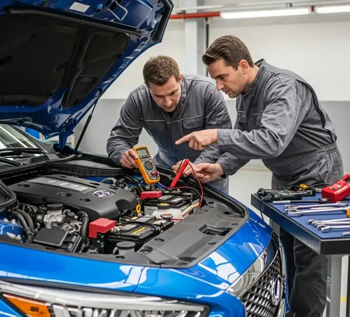 Testing before anything is replaced Two technicians testing an Infiniti's battery