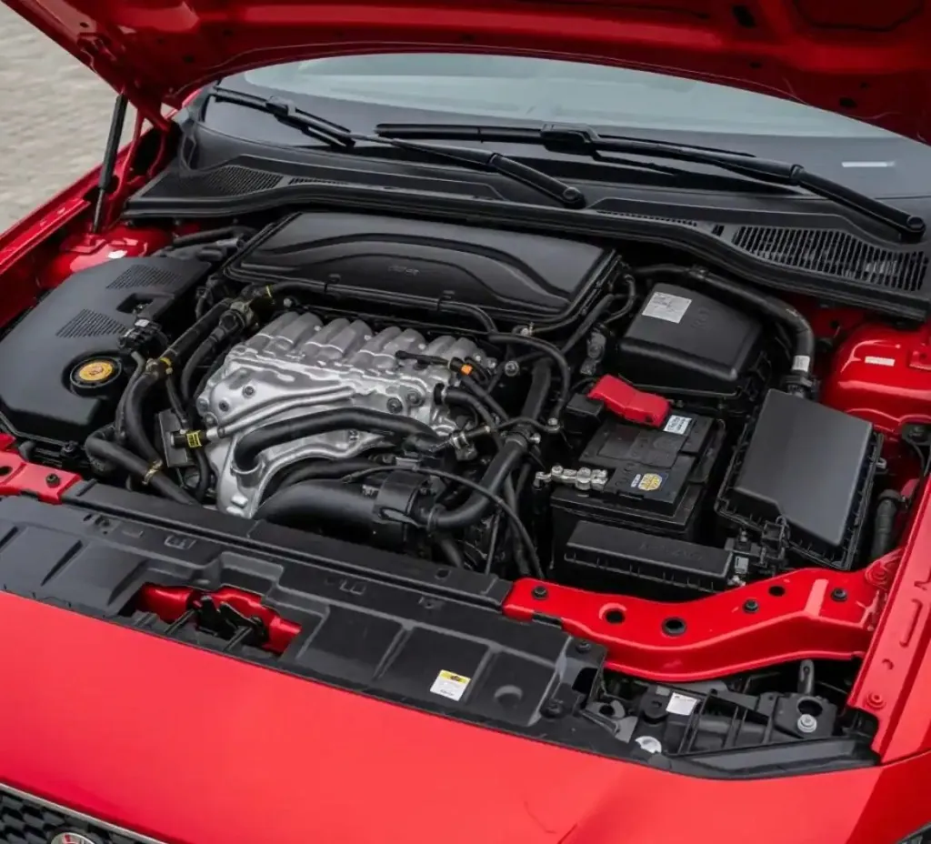 Before the work starts on a Jaguar Engine bay of a red Jaguar with the battery in view