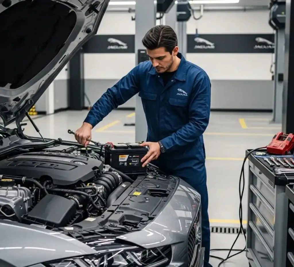 On site with a Jaguar Technician working on a silver Jaguar in a workshop