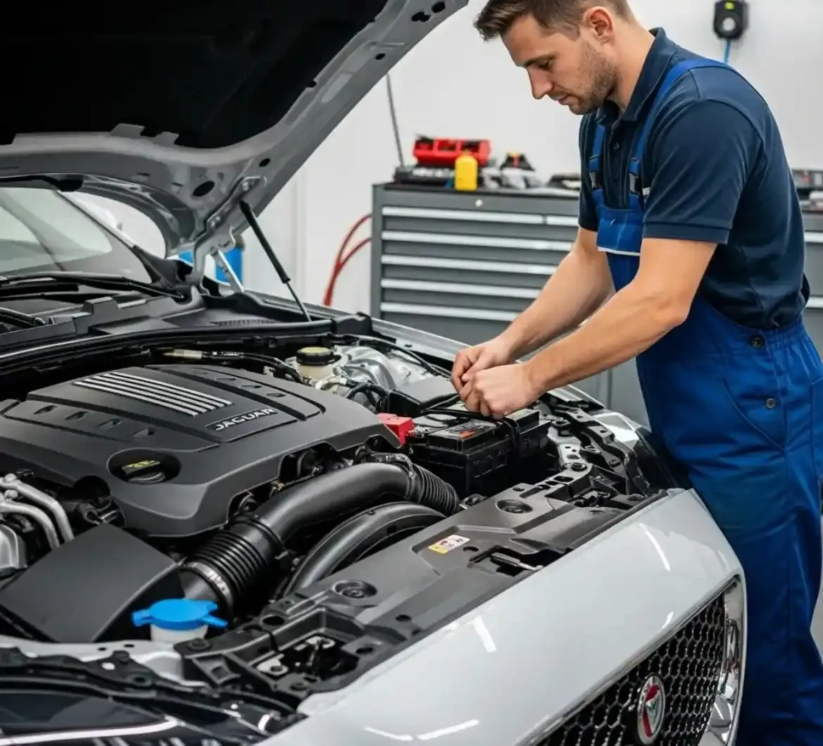 Our team on a Jaguar Technician working on the battery of a Jaguar