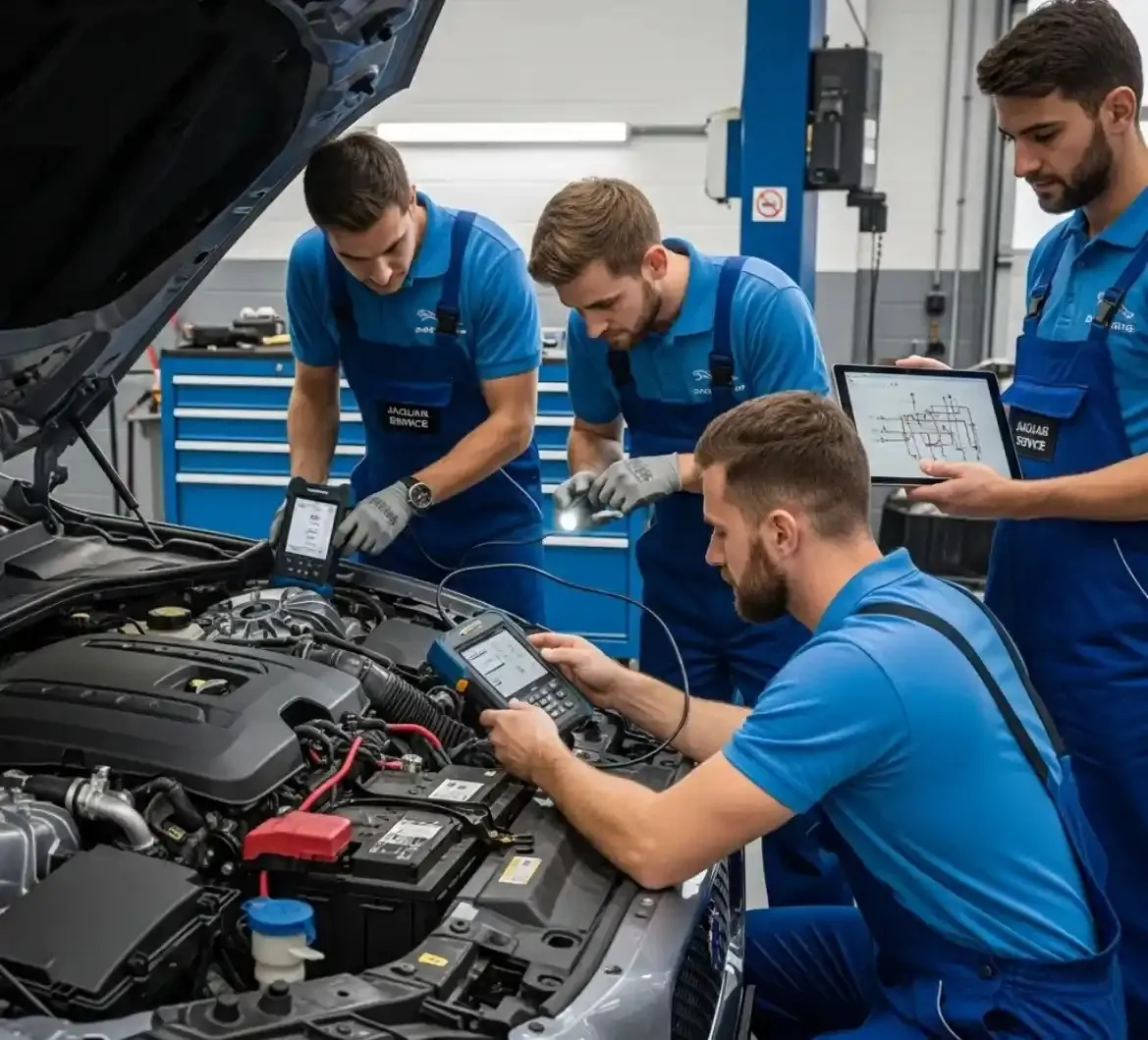 Finding the fault on a Jaguar Technicians running a diagnostic on a Jaguar