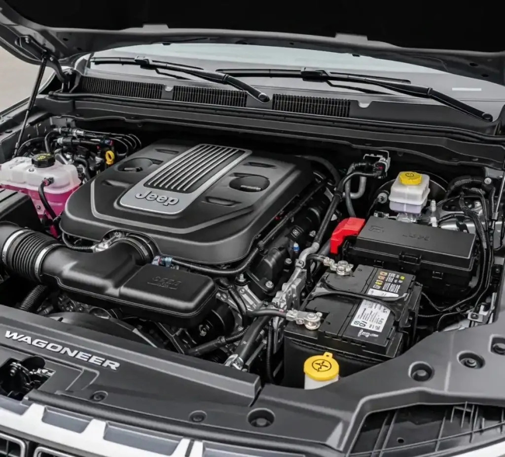 Getting to know the Jeep Jeep Wagoneer engine bay with the battery in view