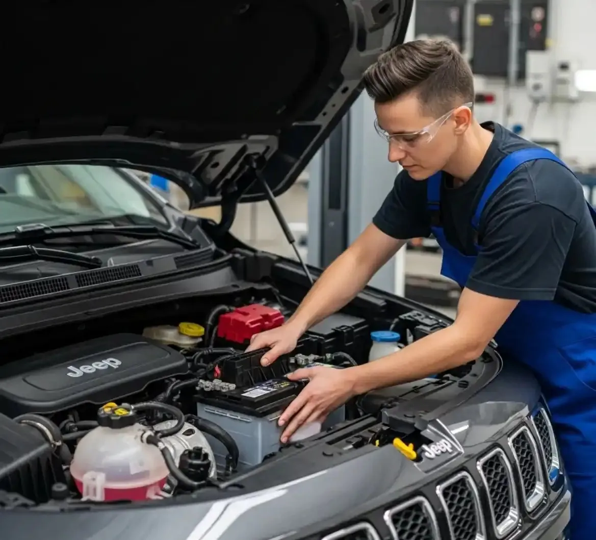 Care that Jeep owners expect Technician fitting a battery to a Jeep