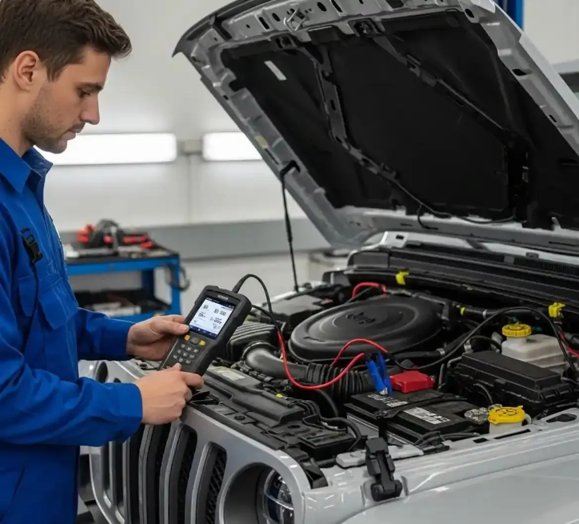 A Jeep battery under test Technician testing a Jeep with a handheld tester