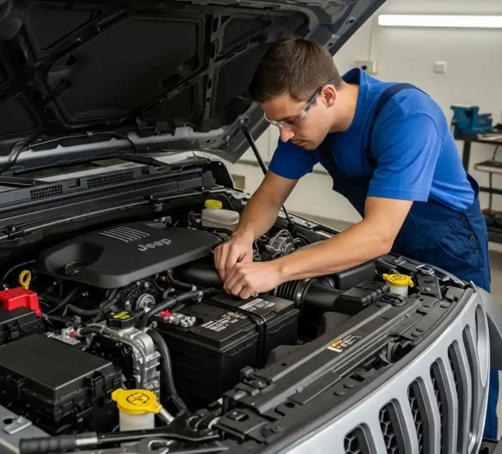 A Jeep looked after where it is parked Technician working on a Jeep's battery