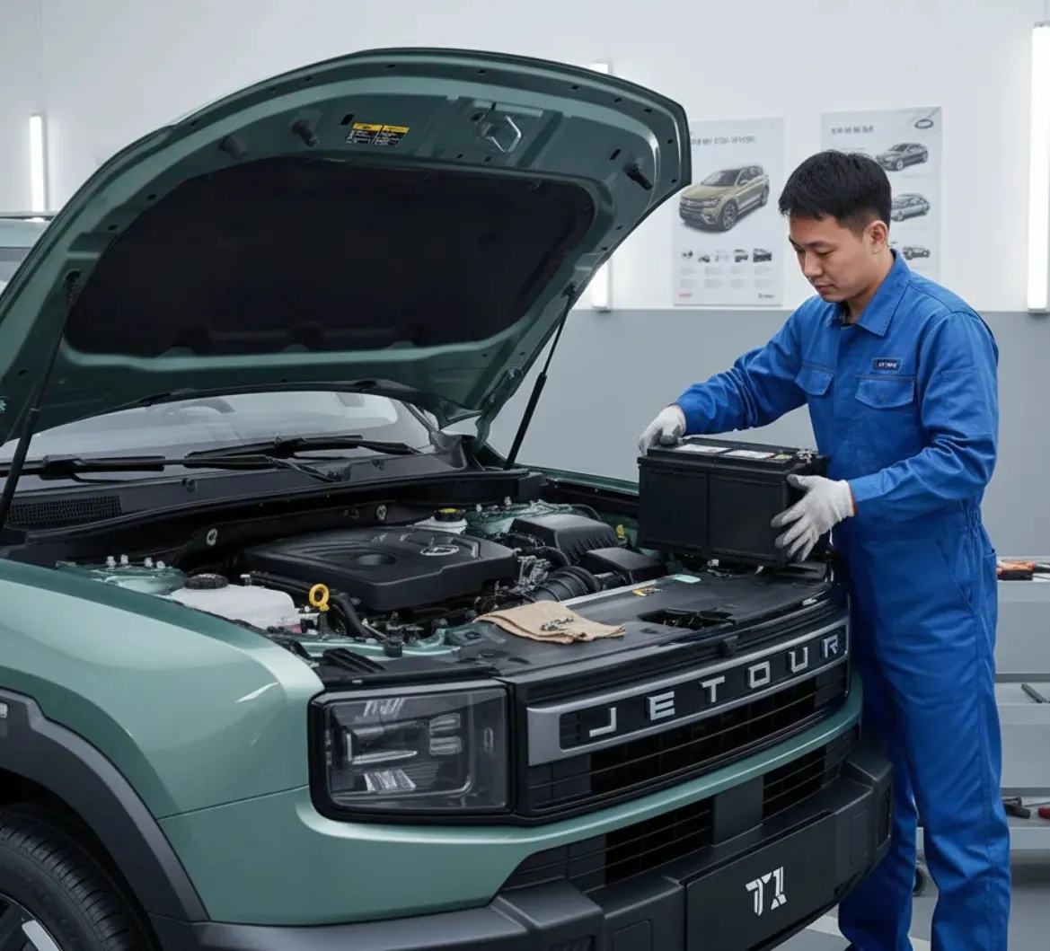 Technician fitting a battery to a Jetour T1