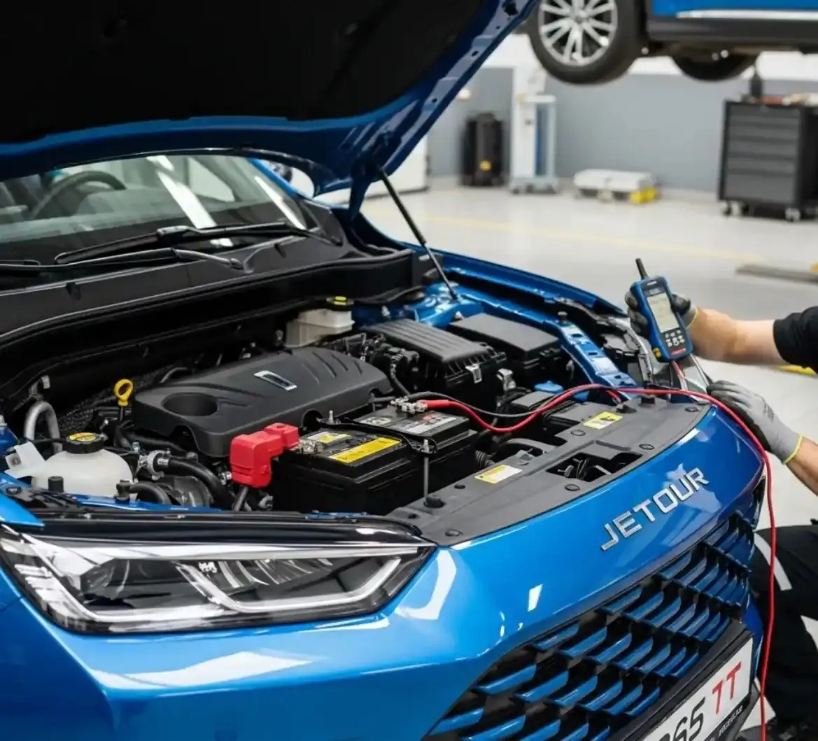 Technician testing a blue Jetour's battery