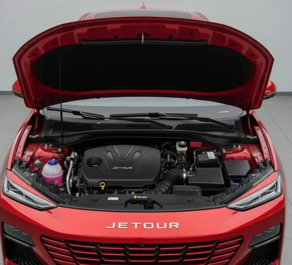 The Jetour and its battery Red Jetour with its bonnet open