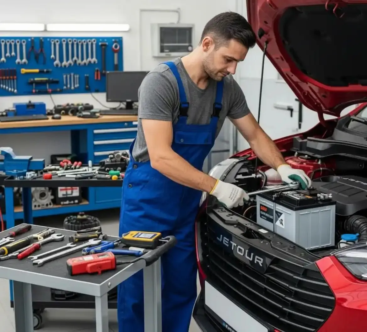 Why Jetour drivers call us Technician fitting a battery to a Jetour
