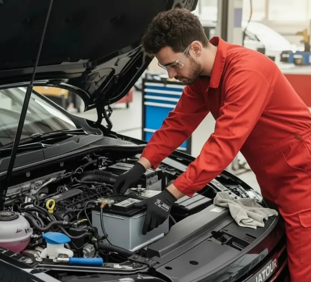 Battery service for the Jetour Technician in red overalls working on a Jetour battery