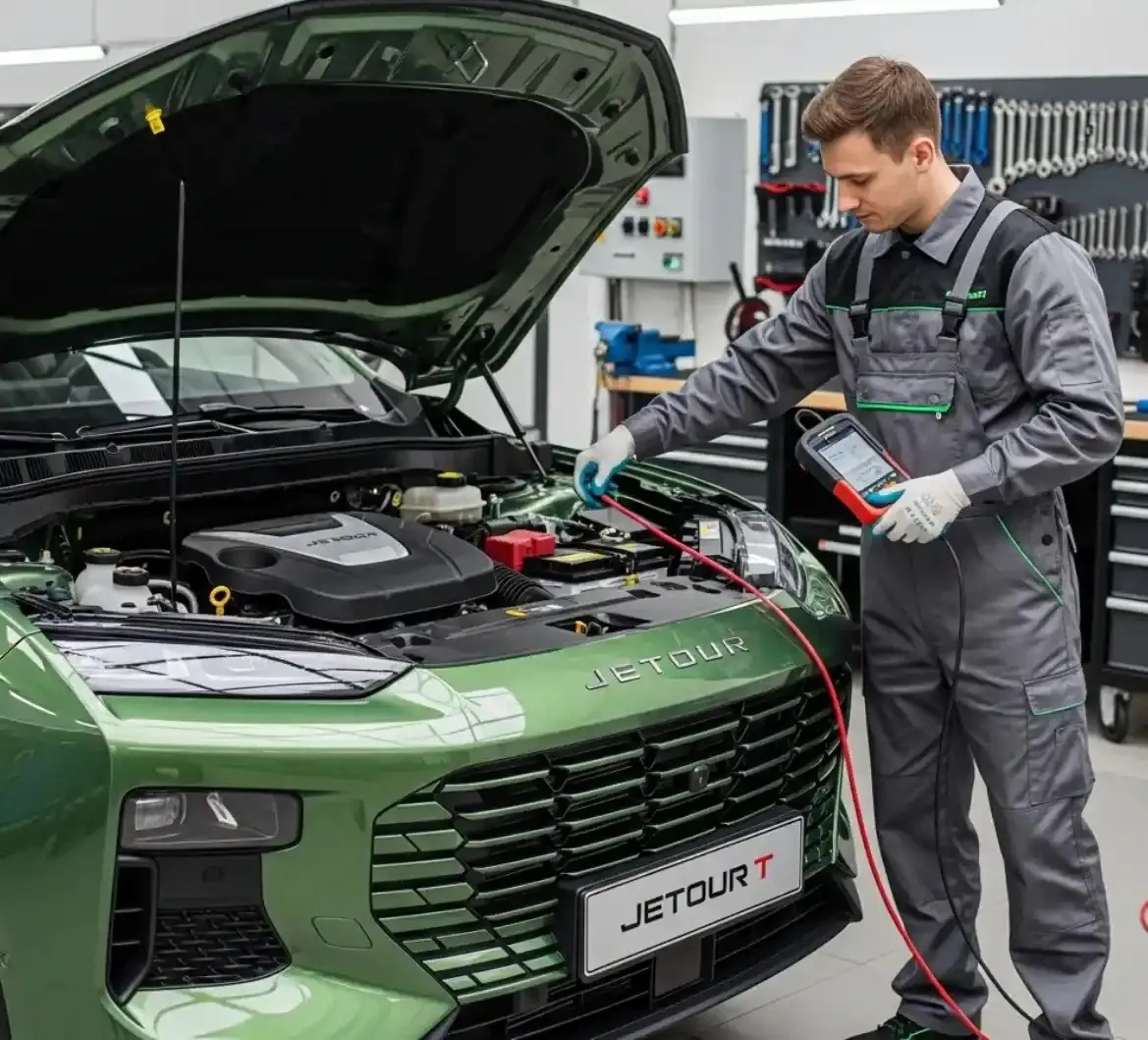 Testing before anything is replaced Technician testing a green Jetour T with a handheld tester