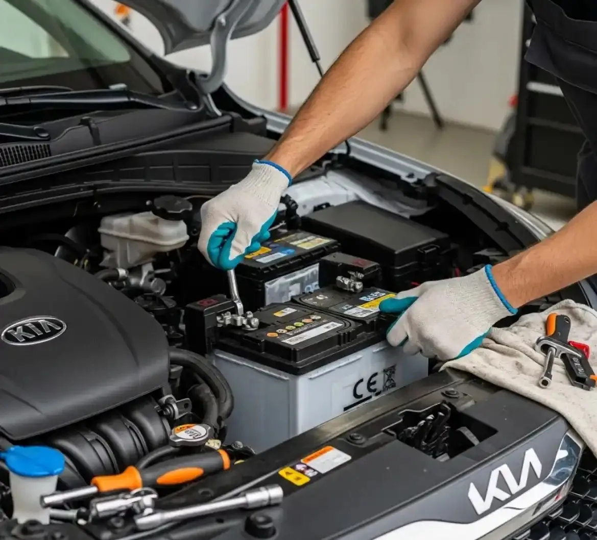 Finding the fault on a Kia Gloved hands working on a Kia battery