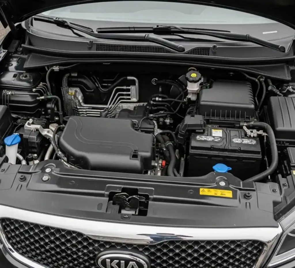 On site with a Kia Kia engine bay under an open bonnet