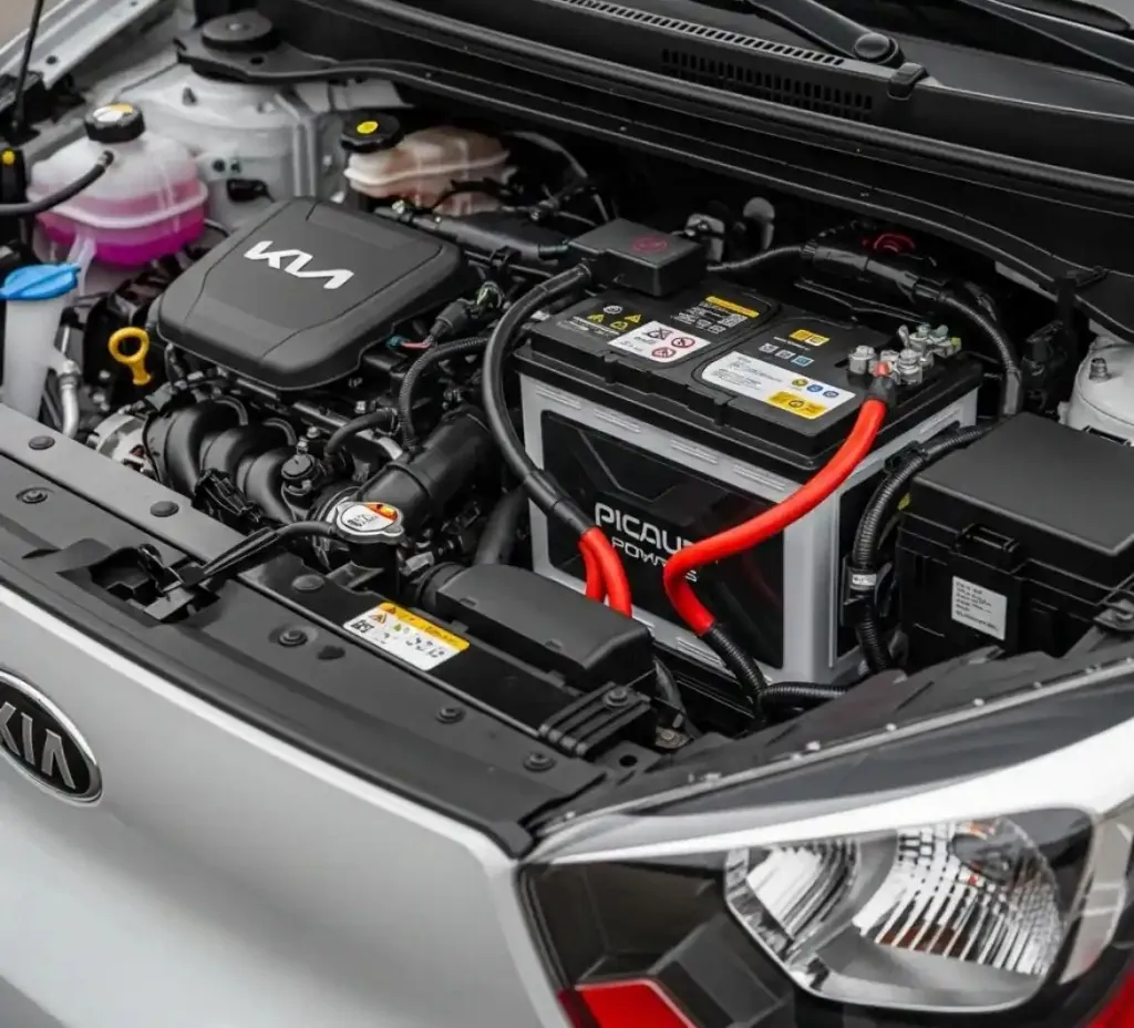 Our team on a Kia Kia engine bay with the battery in view