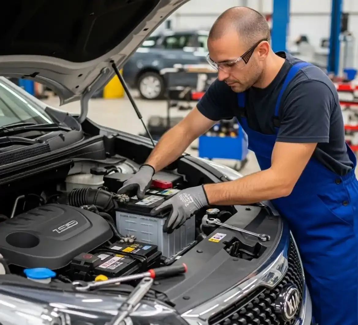 Before the work starts on a Kia Technician fitting a battery to a Kia