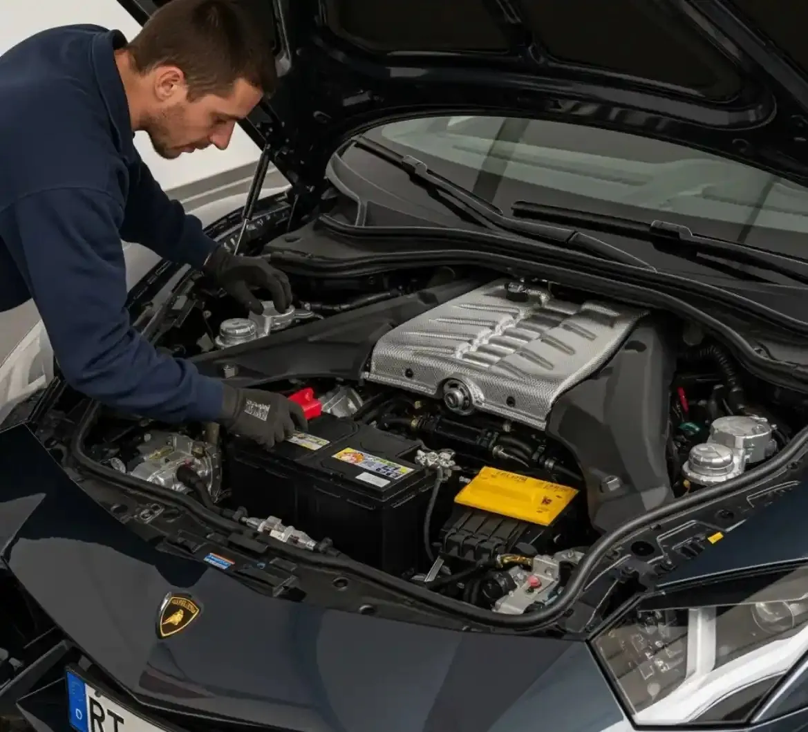Care that Lamborghini owners expect Technician working on a Lamborghini's battery