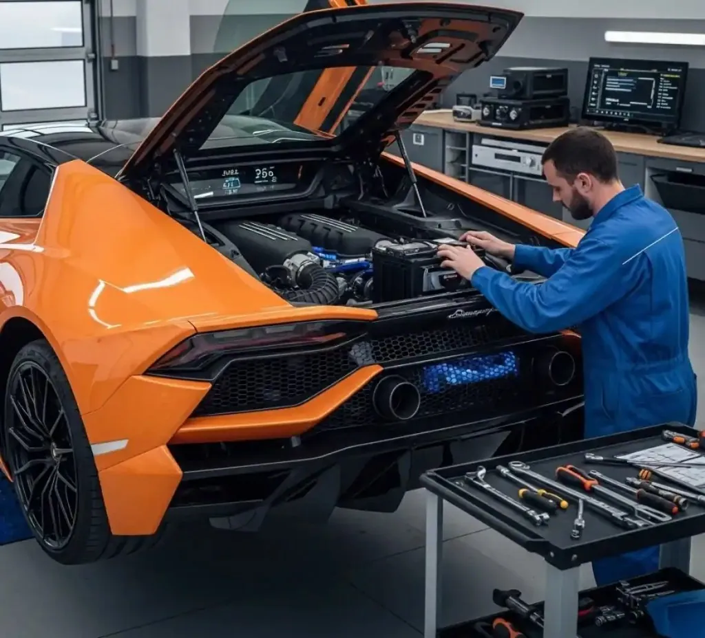 A Lamborghini looked after where it is parked Technician working on an orange Lamborghini