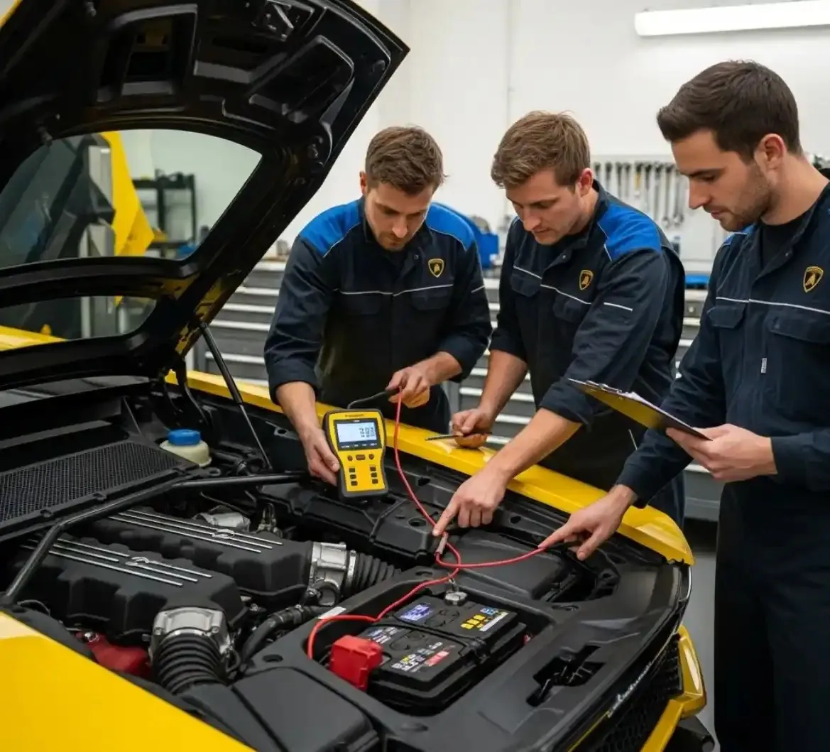 A Lamborghini battery under test Three technicians testing a yellow Lamborghini battery