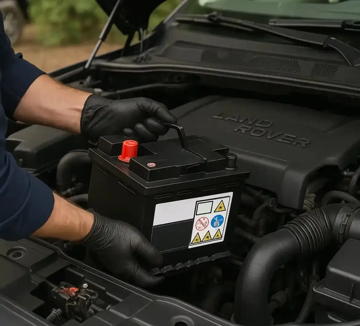 Gloved hands fitting a battery to a Land Rover