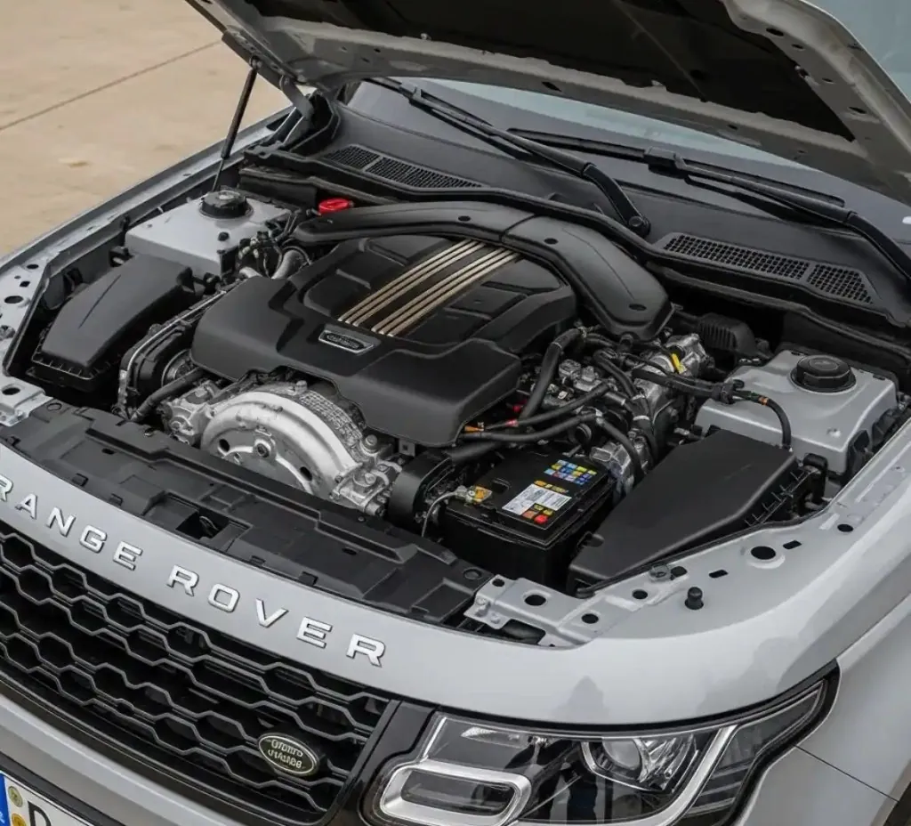 Land Rover engine bay under an open bonnet