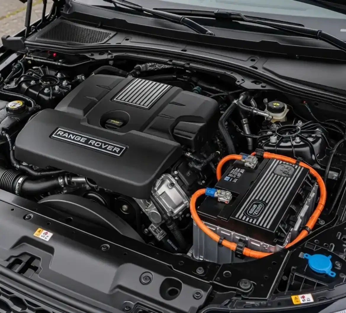 Land Rover engine bay with the battery in view
